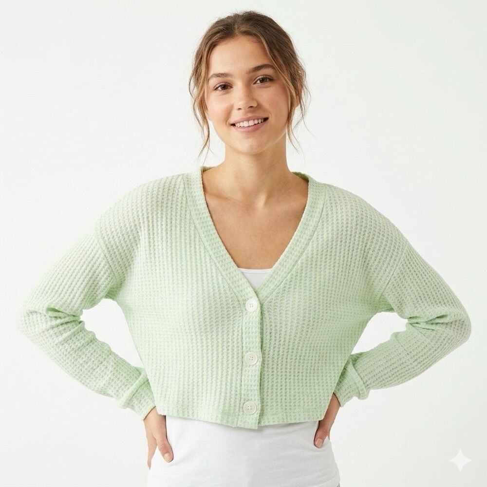 Shein Mint Green Waffle Knit Cropped Button Cardigan Sweater 1XL